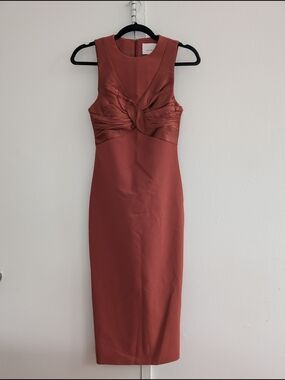 cinq a sept Rust-Tone Midi Dress with Twisted Bodice